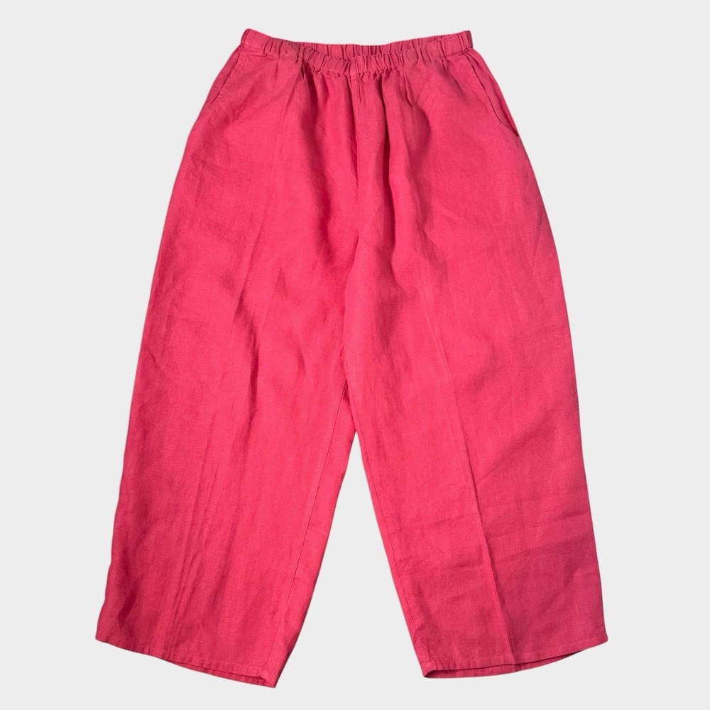 FLAX 100% Linen Wide Leg Cropped Pants Pull On Fuchsia Sz L Boho Lagenlook Flood